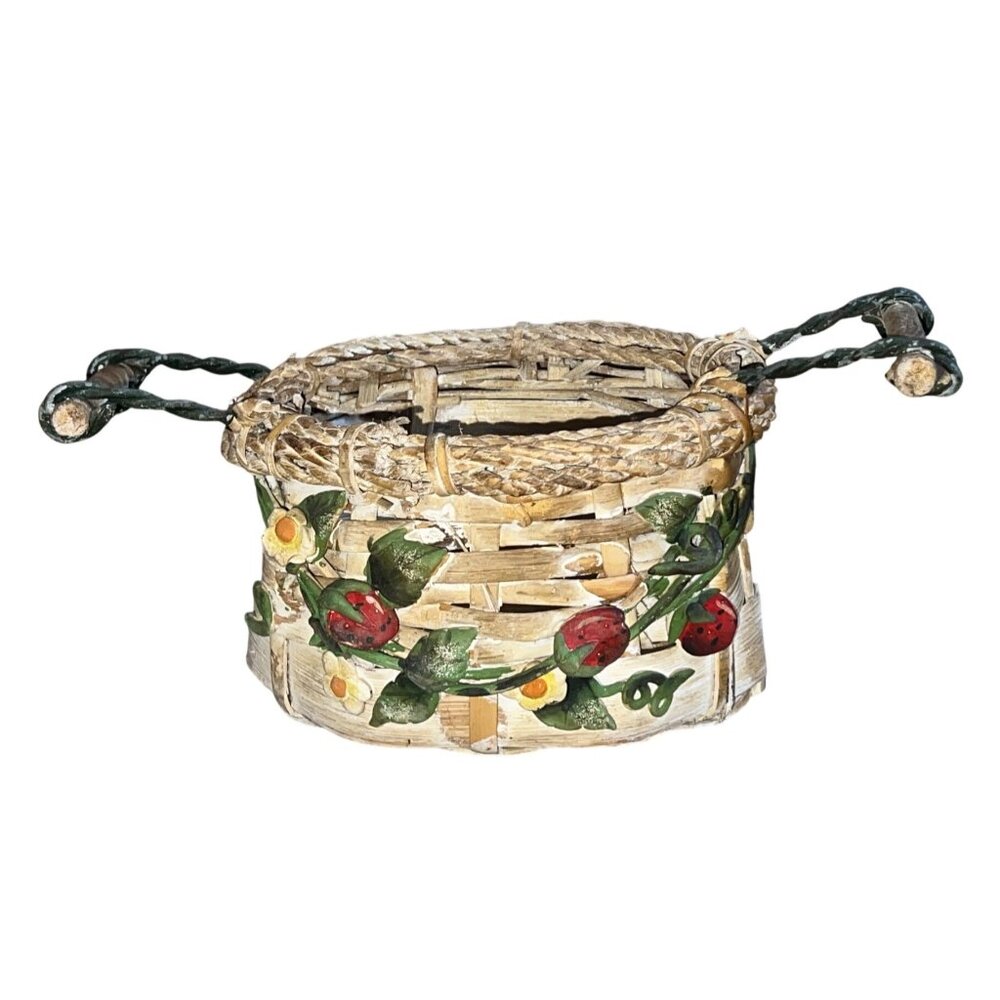 Handcrafted Vintage Woven Basket With Strawberry & Floral Details Rope Trim & Wo
